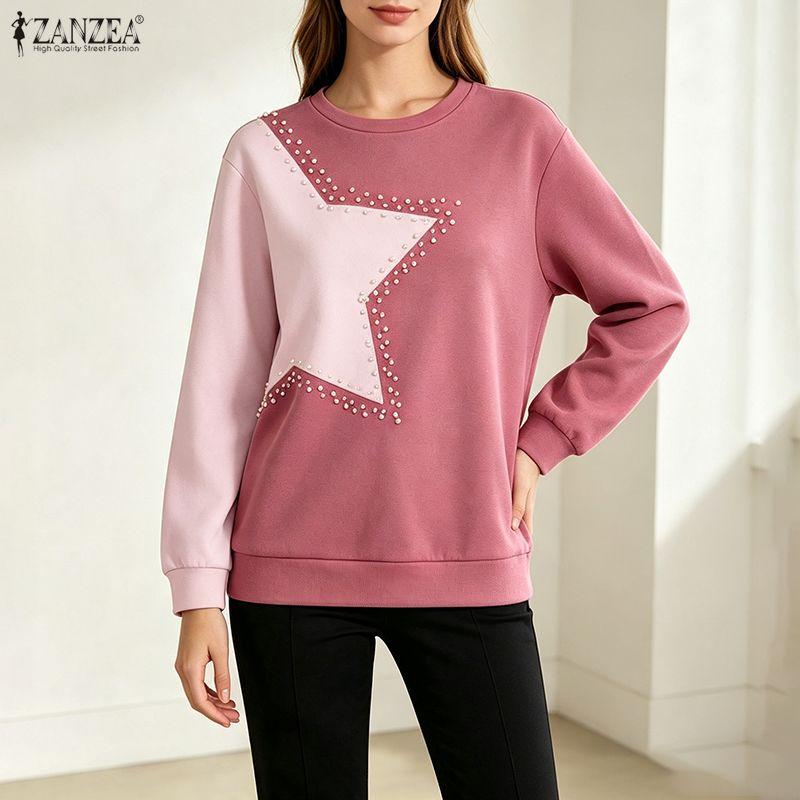 ZANZEA Women Casual Round Neck Patchwork Long Sleeve Pullover T-Shirts