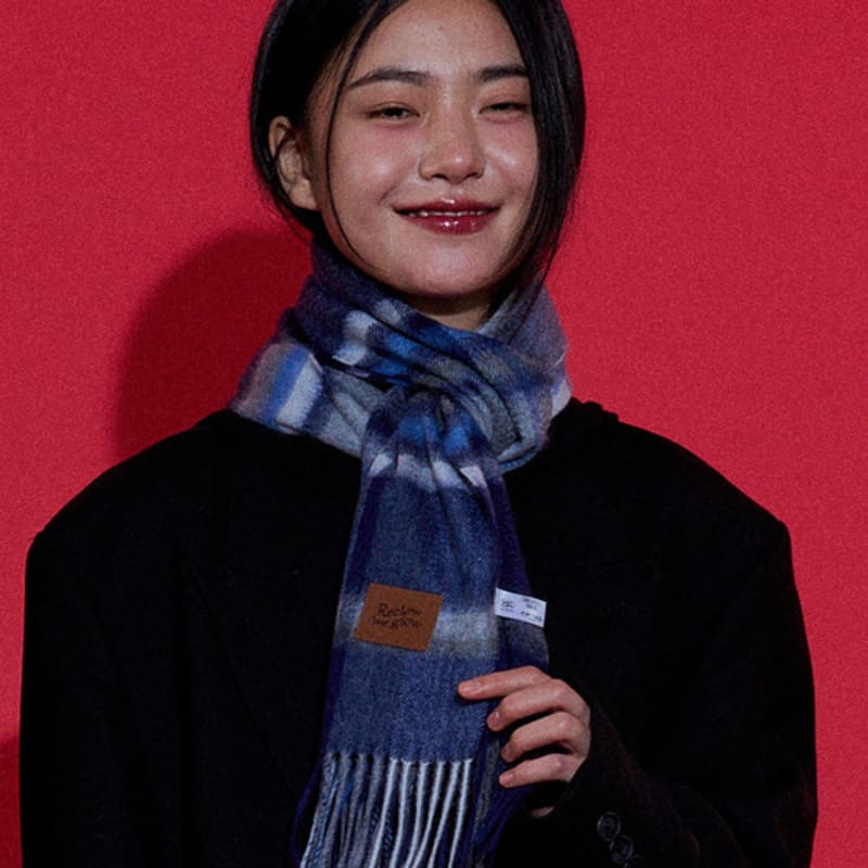 RECLOW MUNM CHECK CASHMERE 100% MUFFLER BLUE