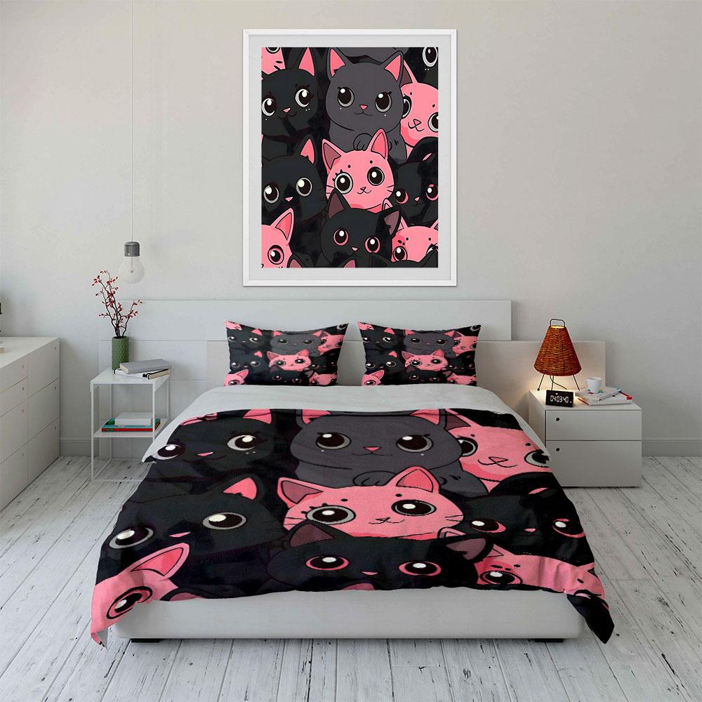 Cute Pink and Black Cat Bedding Bedding Duvet Cover Set Duvet Cover Pillowcases (1 * Duvet Cover 2 * Pillowcases, Without Duvet Insert)