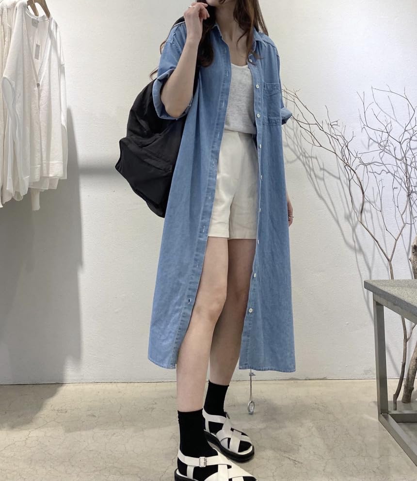 JINJUDUO Denim Slimming Loose Office Long Shirt Short Size M Women's Dress, Cotton, Silhouette, & Casual, Spring, Summer, Fall, Dress, Collar,