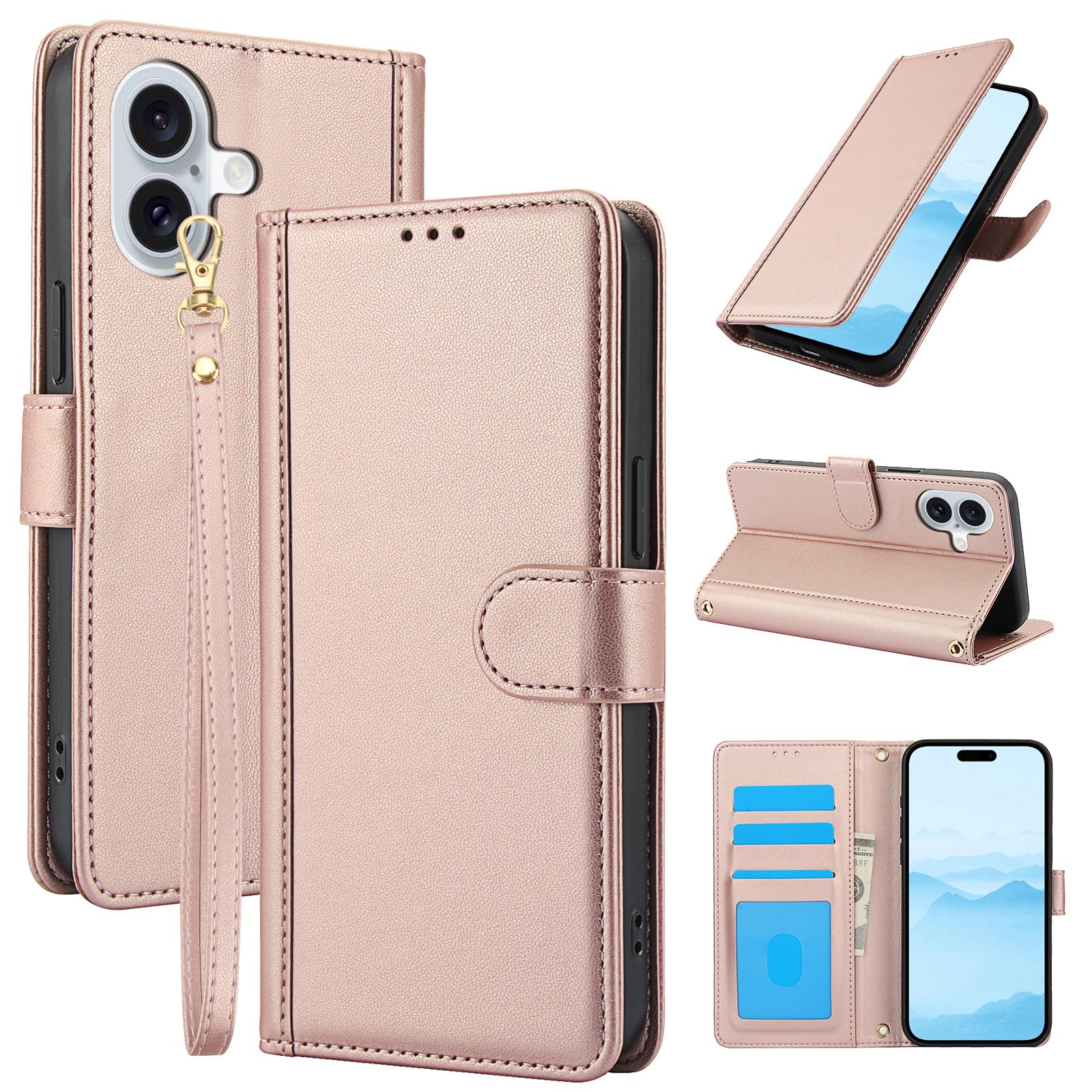 

SY-003 For iPhone 16 Plus Case PU Leather Stand View Phone Wallet Cover with Hand Strap E