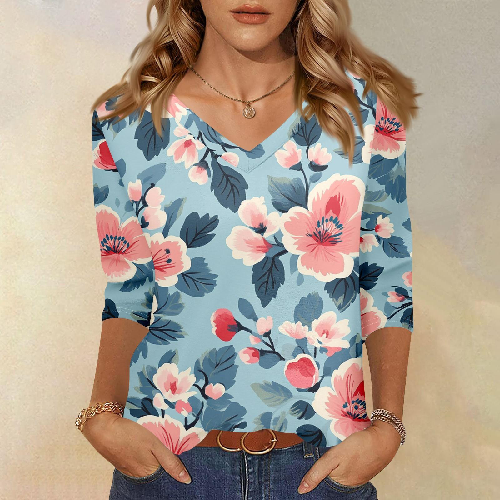 

Женские топы, рубашка с рукавом три четверти, свободная повседневная рубашка с V-образным вырезом, футболка с цветочным принтом XXXL синий