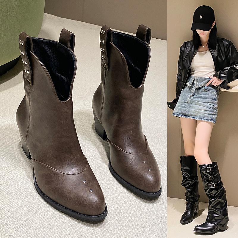 Fashion Women's Removable Boot Shaft Riding Shoes New Autumn Pointed Toe Chunky Heel Women's Knee High  Retro Women's Knight Boots