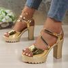 Fashion Gold Silver Wedding Women Platform Sandals High Chunky Heels Mirror PU Sexy Casual Party Lady Ankle Strap Gladiator Shoes