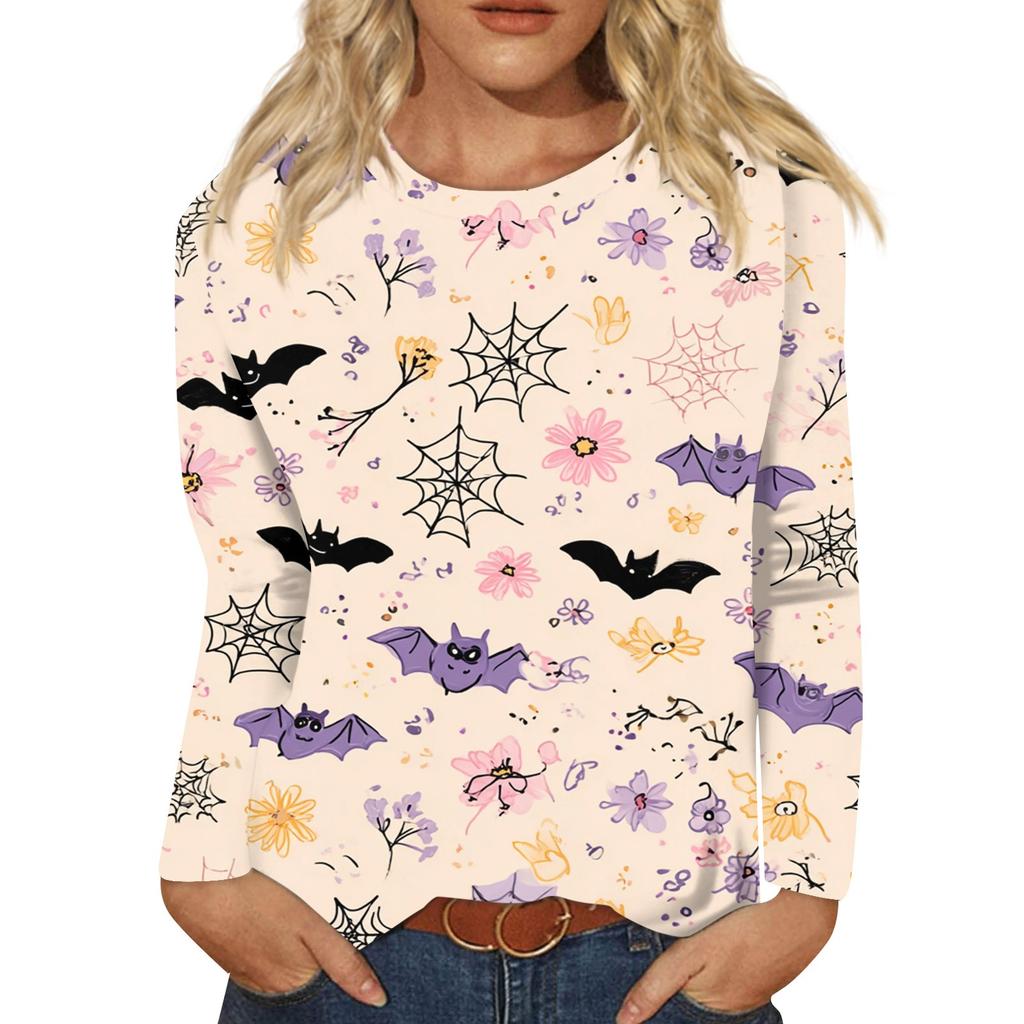 Modisches, lässiges Langarm-Oberteil mit Rundhalsausschnitt und Halloween-Print für Damen