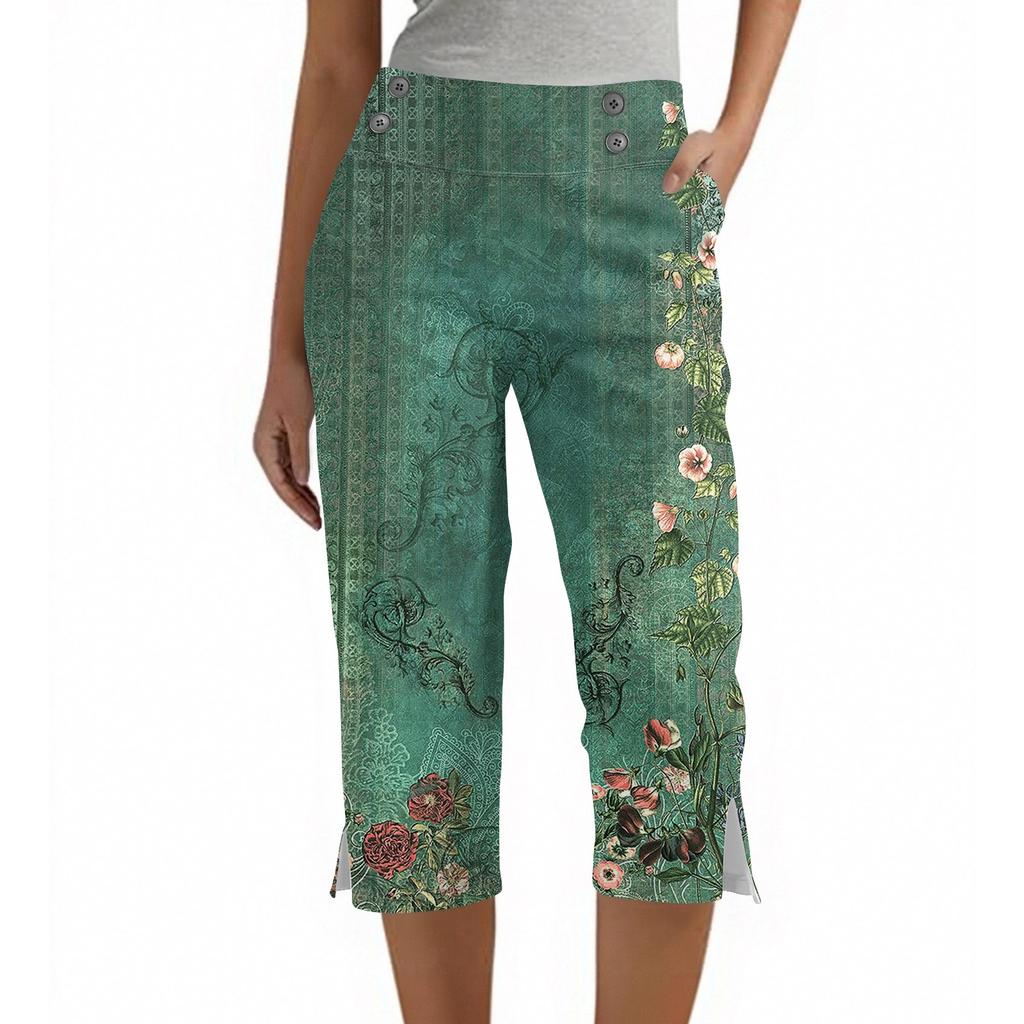 Damen Vintage Blumenmuster Knopf Tasche Hose Schlitz Hohe Taille Sport Yoga Freizeit Hose