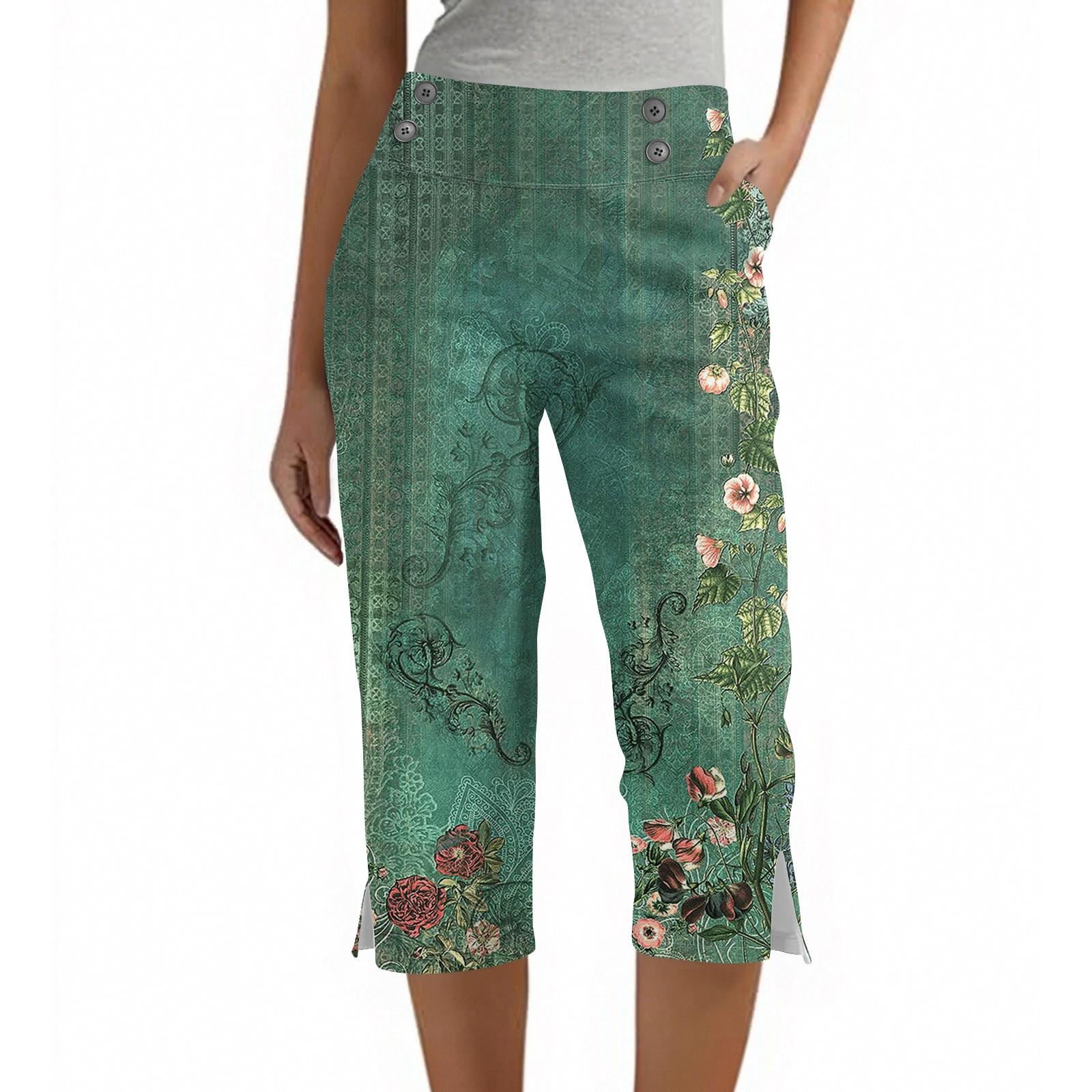 

Женские винтажные брюки с цветочным принтом, на пуговицах, с карманами, с разрезом, с высокой талией, спортивные, для йоги, повседневные XL
