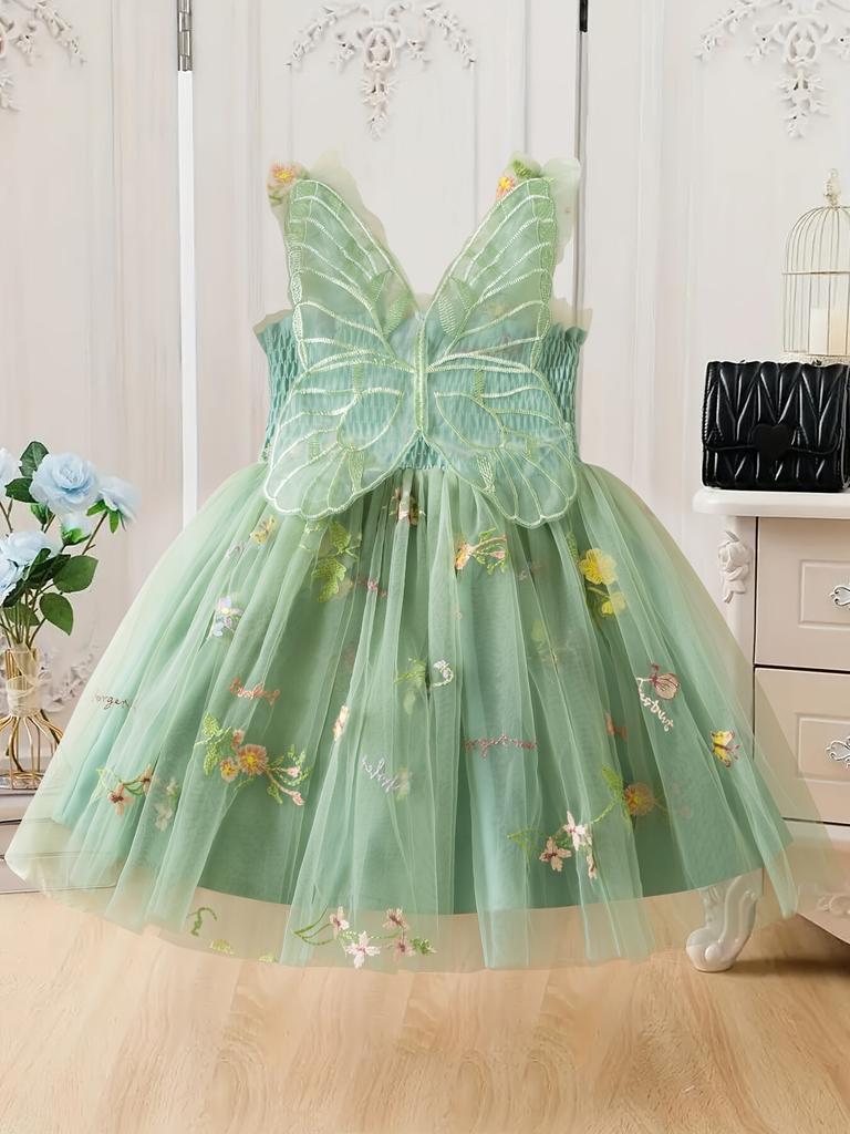 Mädchen-Traumhaftes Dreidimensionales Schmetterlingsflügelkleid, Süßes Mehrfarbiges Blumenbesticktes Netz-Prinzessinnenkleid für Sommer-Geburtstagspartys