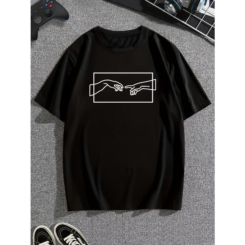 European Size Stylish Hands Graphic Print Men's Creative Top, Casual Short Sleeve Crew Neck T-shirt, Men's Clothing For Summer Outdoor