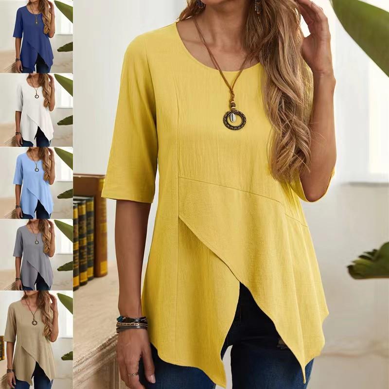 Pull Printemps Été Automne Col Rond Coupe Ajustée Manches Mi-longues Coton Lin T-shirt