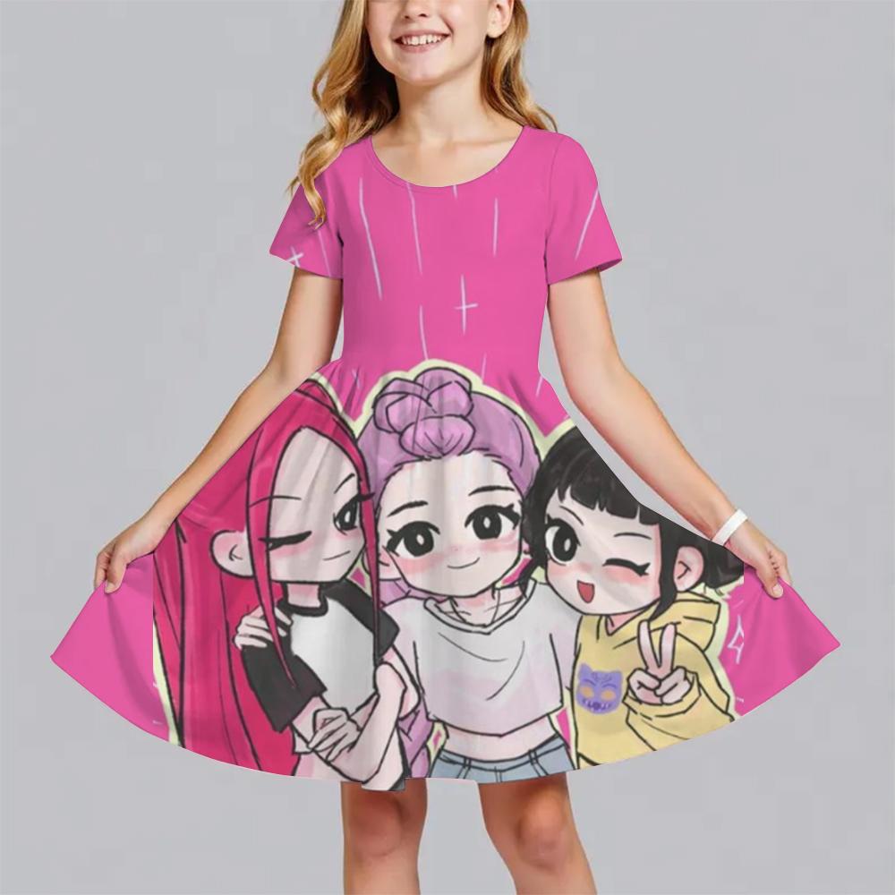 Summer Fashion Polyester Lightweight Cartoon Cute Huntrix Kpop Demon Hunters Printed Girl's Dress Short Sleeved Princess Dress