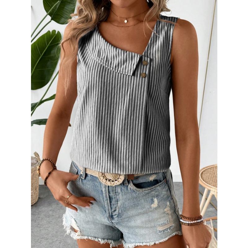 Ärmellose Gestreifte Schräger Halsausschnitt Damenbluse Neues Damen Casual Lockeres Oberteil Einfach Elegant Mode Süßes Büro-T-Shirt Streetwear Knöpfe Kleidung
