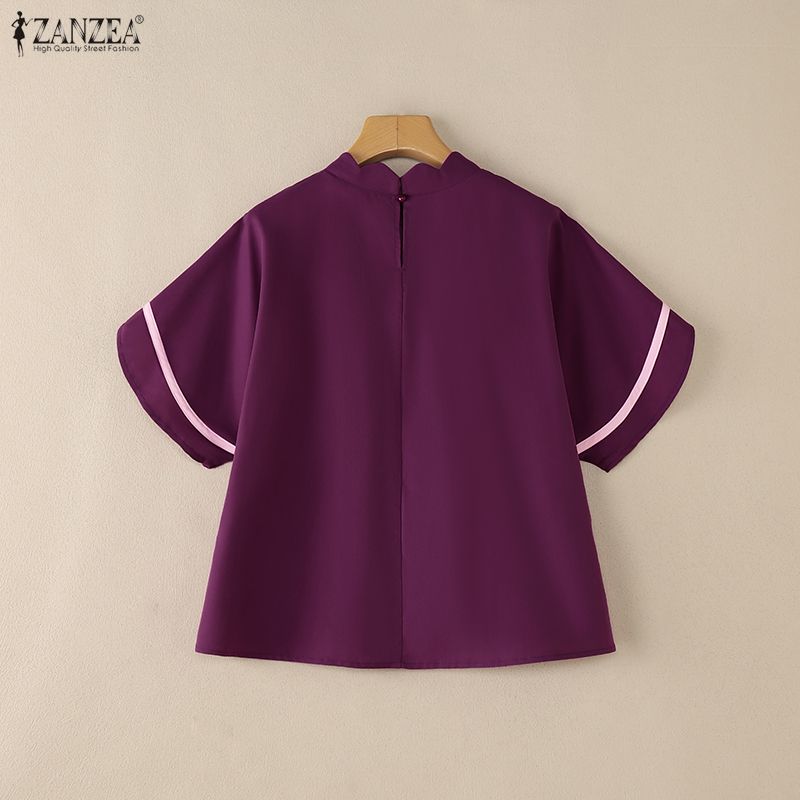 ZANZEA Women Casual Stand Collar Loose Short Sleeve Blouse