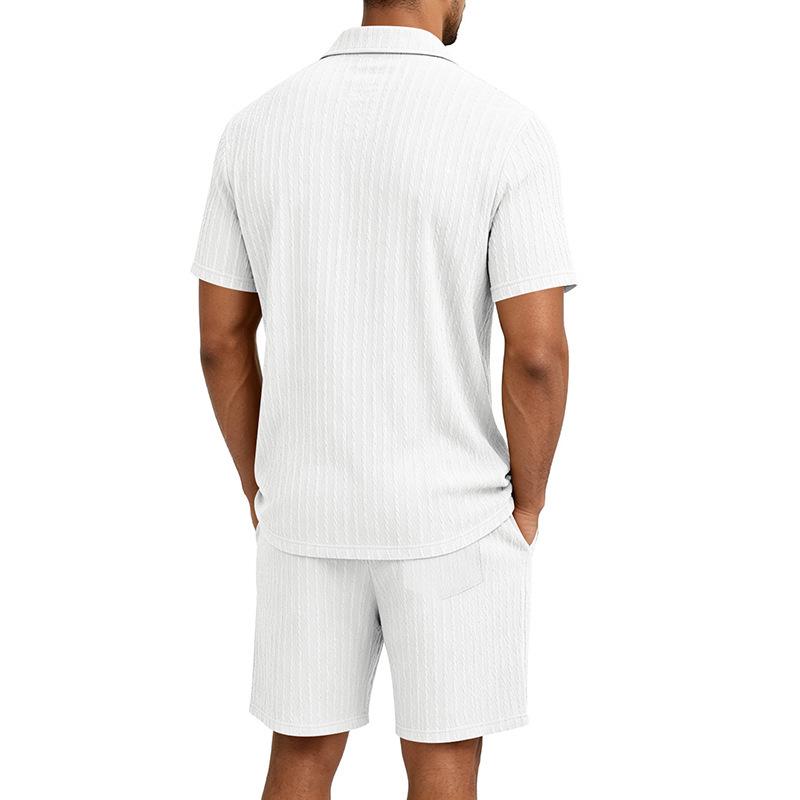 European Summer Men's Jacquard Casual Lapel Short Sleeve Shirt and Shorts Set