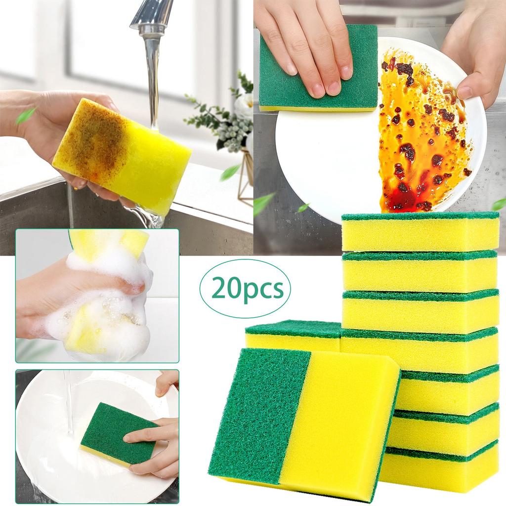 20Pcs Magic Cleaning Sponges Double-Sided Reusable Sponge Wipes Pan Pot Dishwashing Scouring Brush Kitchen Cleaning Tools