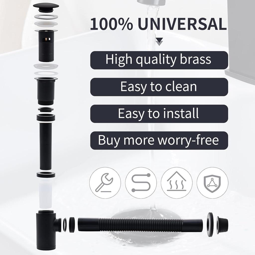 Design Siphon with Pop Up Valve Drain Fitting for Sink Black Matt, Universal Brass Siphon, Sink Plug,Odor Closure with Cleaning Opening