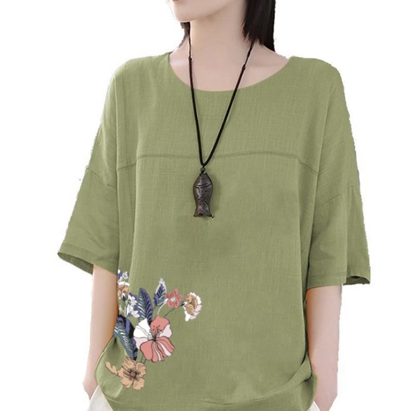 GMXIA Letní styl Jednobarevné Ležérní Bavlněno-lněné Volné Základní Tričko Velká Velikost Dámské Tričko