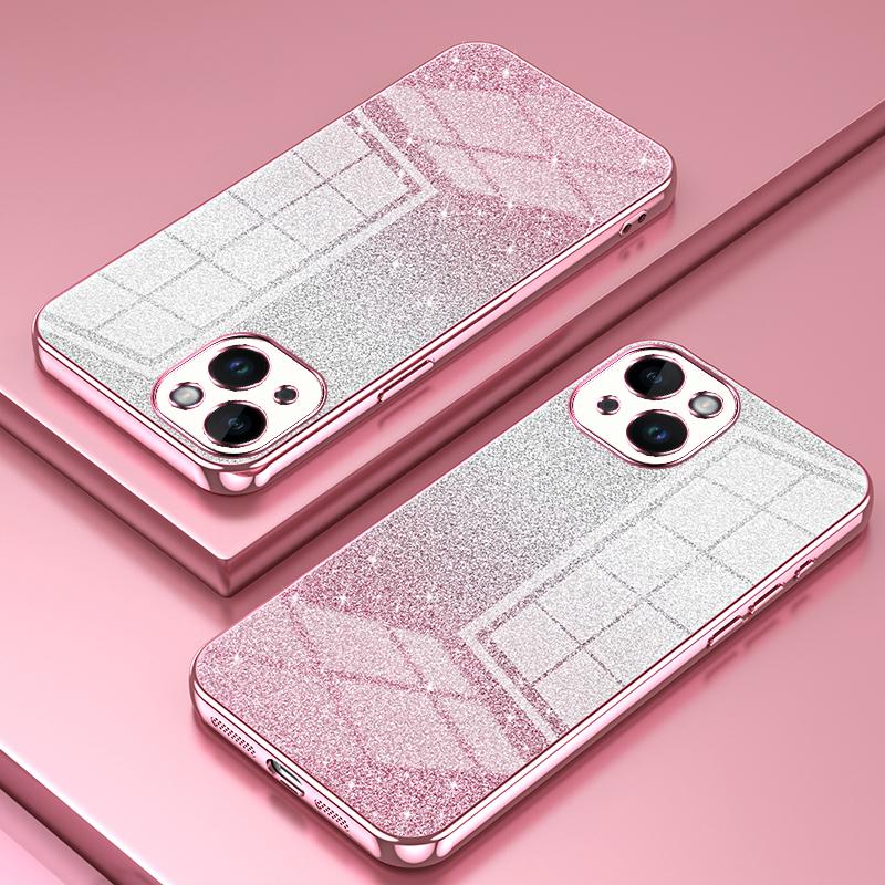 

For iPhone 14 Cell Phone Case Gradient Glitter Precise Cutout TPU Back Cover Pink
