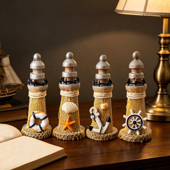 Yousheng Rustic Wood Lighthouse Figurine, Nautical Lighthouse Ocean Beach Sculpture, Handcrafted Coastal Tabletop Centerpiece for Mantel Bookshelf