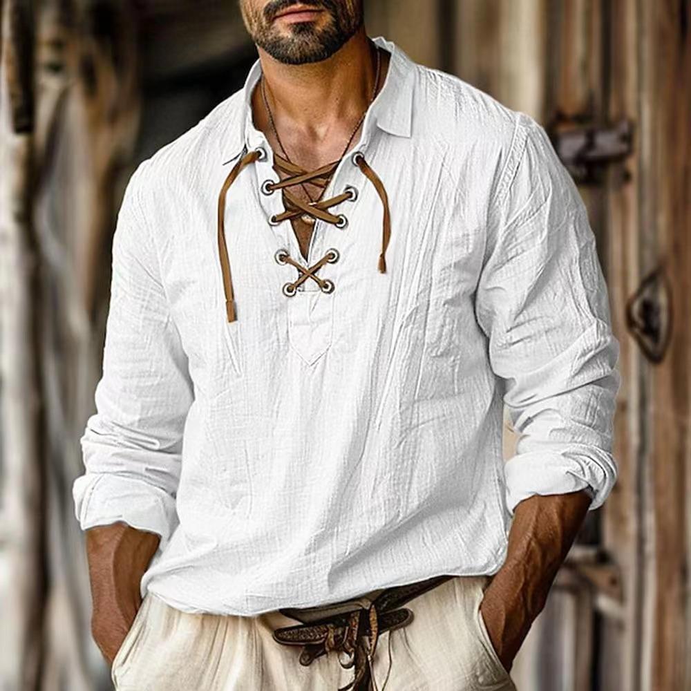 Men's Linen Shirts Long and Short Sleeved Lace Up V Neck Casual Blouse Spring Summer Thin Front Tees Tops Breathable Men Clothing