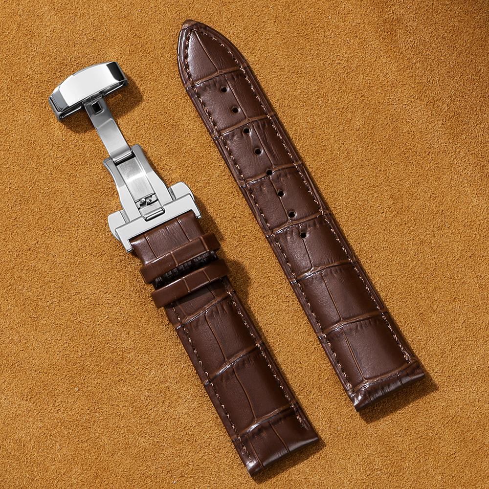 Business Casual Black Brown Genuine Calfskin Leather Watch band Strap Butterfly Buckle Crocodile Pattern Bracelet 18 20 22 24mm