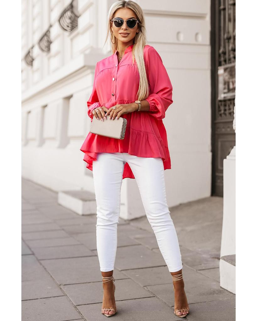 Azura Exchange Half Buttoned Ruffle Tiered Long Sleeve Blouse