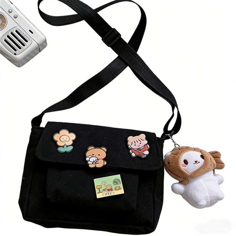 Adorable Canvas Crossbody Bag with Cute Pins Lightweight Shoulder Bags for Women, Ideal for School, Work & Everyday Outfits