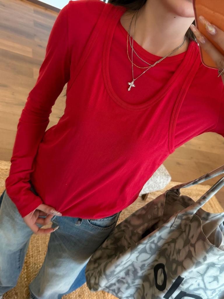 Nanyou T Row Wind Pure Cotton Layered Tank & Long Sleeve Set - Skin-Friendly, Versatile, Round Neck Women's Top