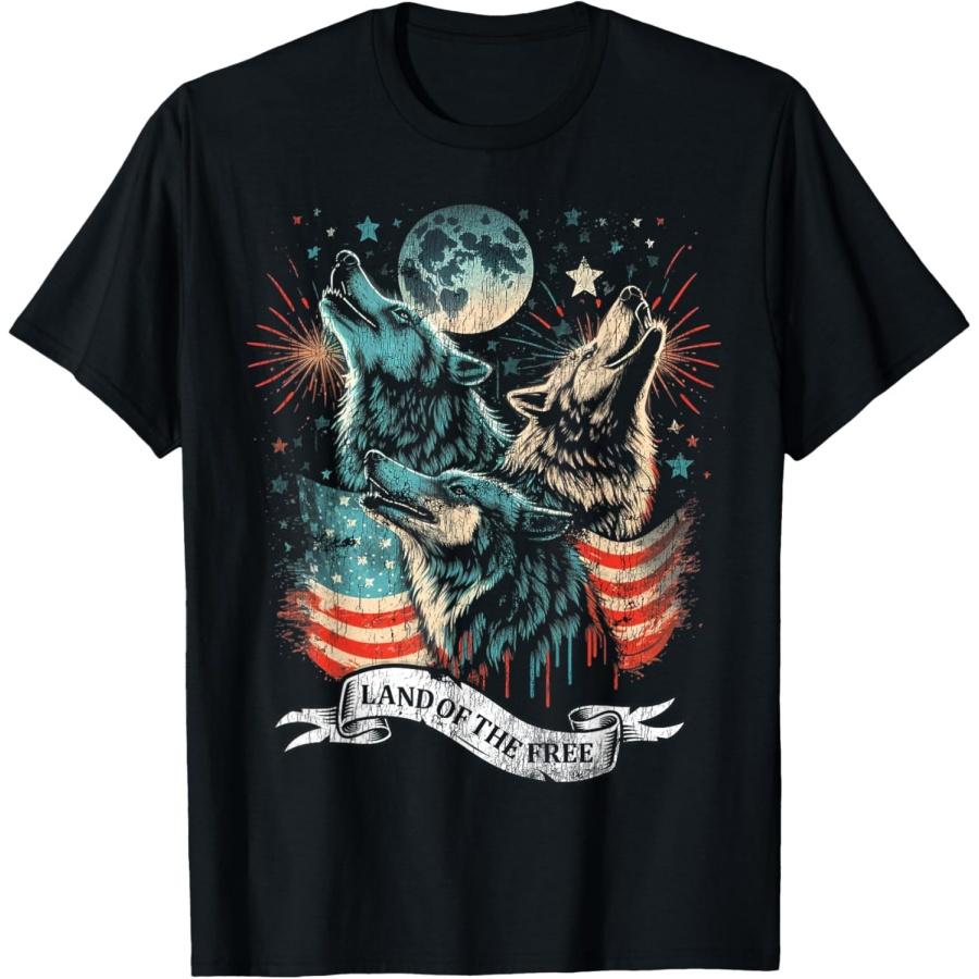 Wolf 4th of July American Flag Howling America Moon Funny T-Shirt for Women Kids Men S