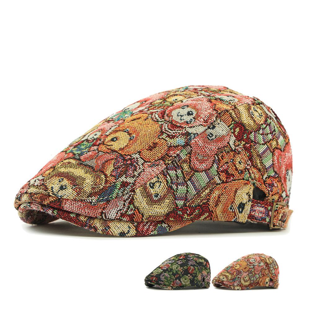 Autumn Winter Jacquard Beret Women British Vintage Peaked Cap Bear Print Cap