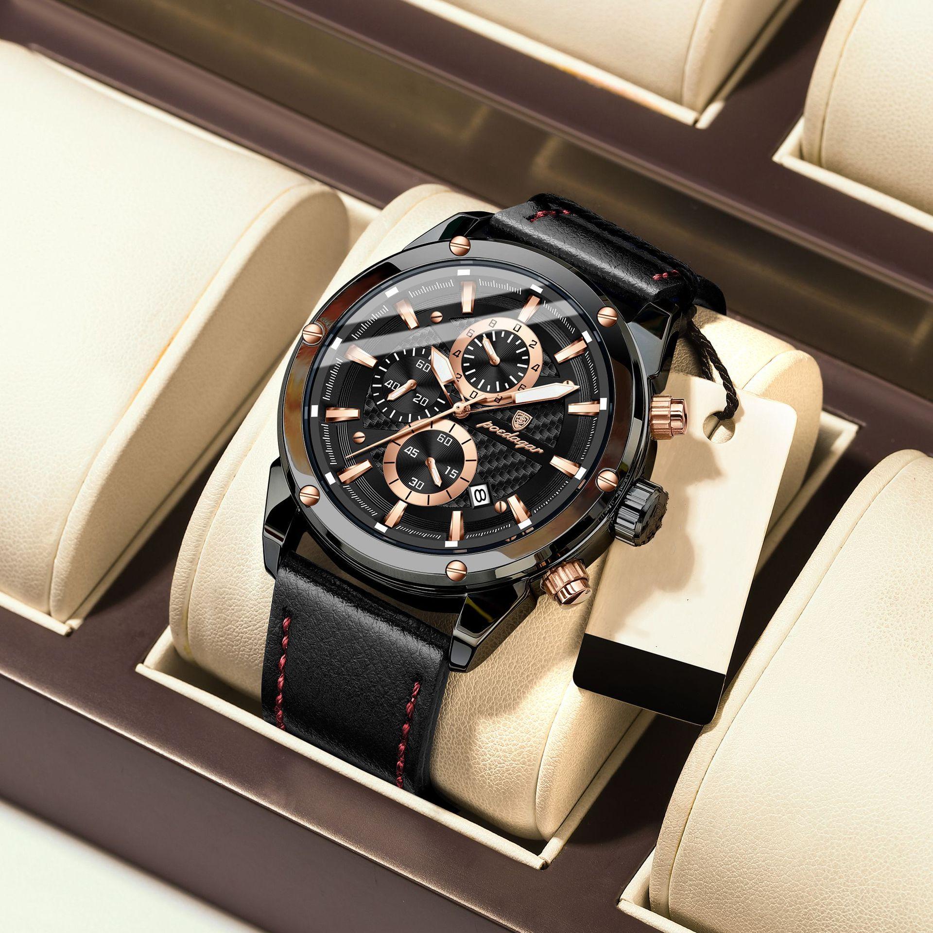 

POEDAGAR Розкішні спортивні чоловічі наручні годинники Військові кварцові чоловічі годинники Водонепроникні чоловічі годинники зі шкіряним світловим хронографом і датою чорний