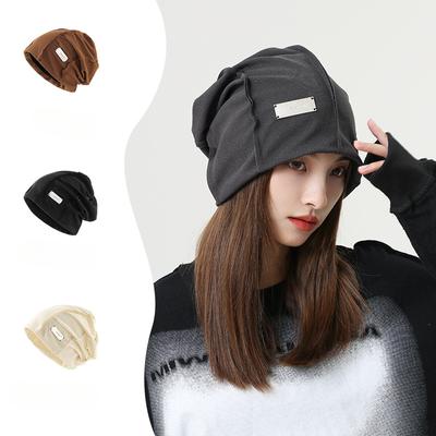 Japanese Pure Cotton Metal Label Knitted Pile Hat for Women In Autumn and Winter with Big Head Circumference and Small Face, Fashionable Street
