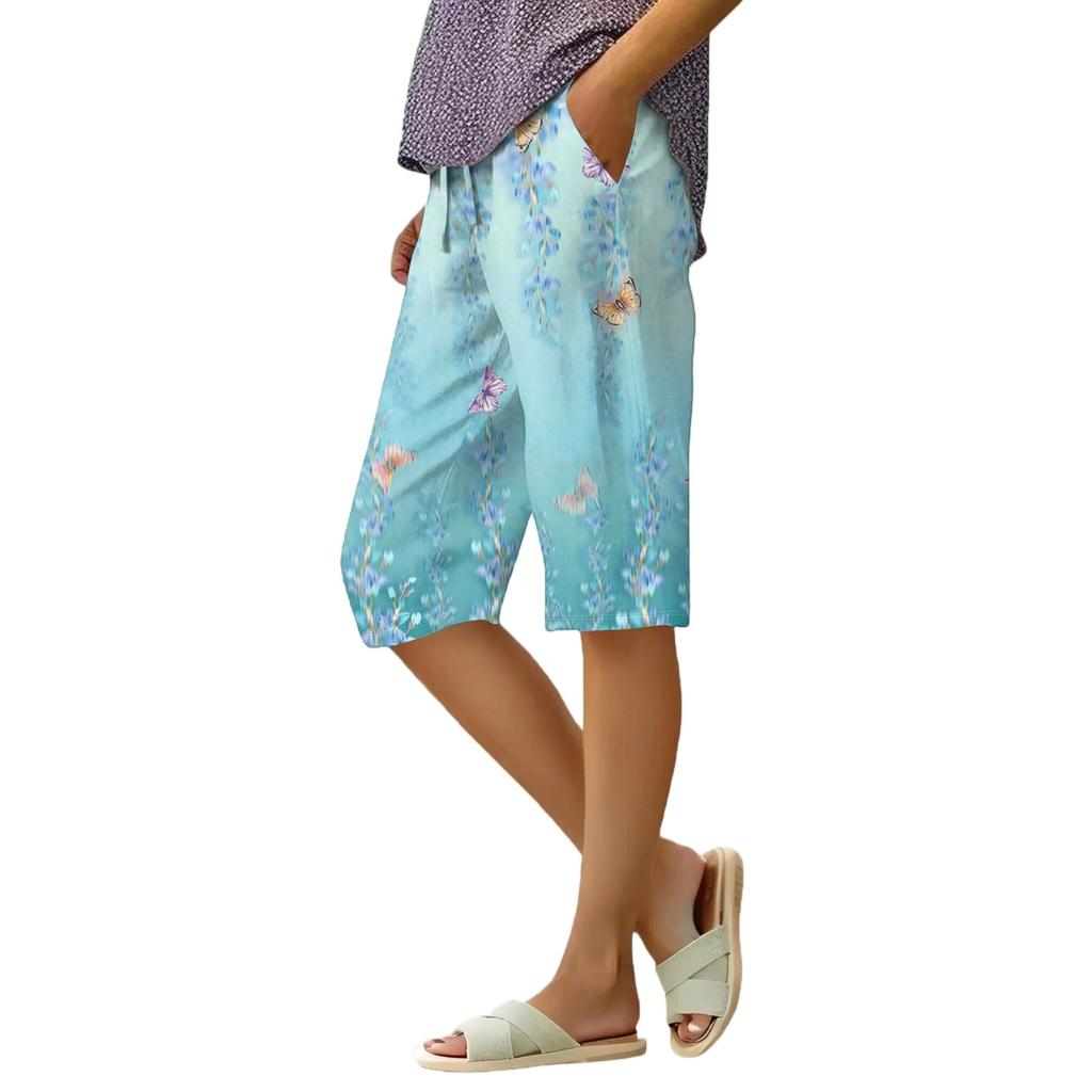 Women's Summer Fashion Retro Floral Polka Dot Print Knee Length Lightweight Elastic Waist Casual Pocket Shorts