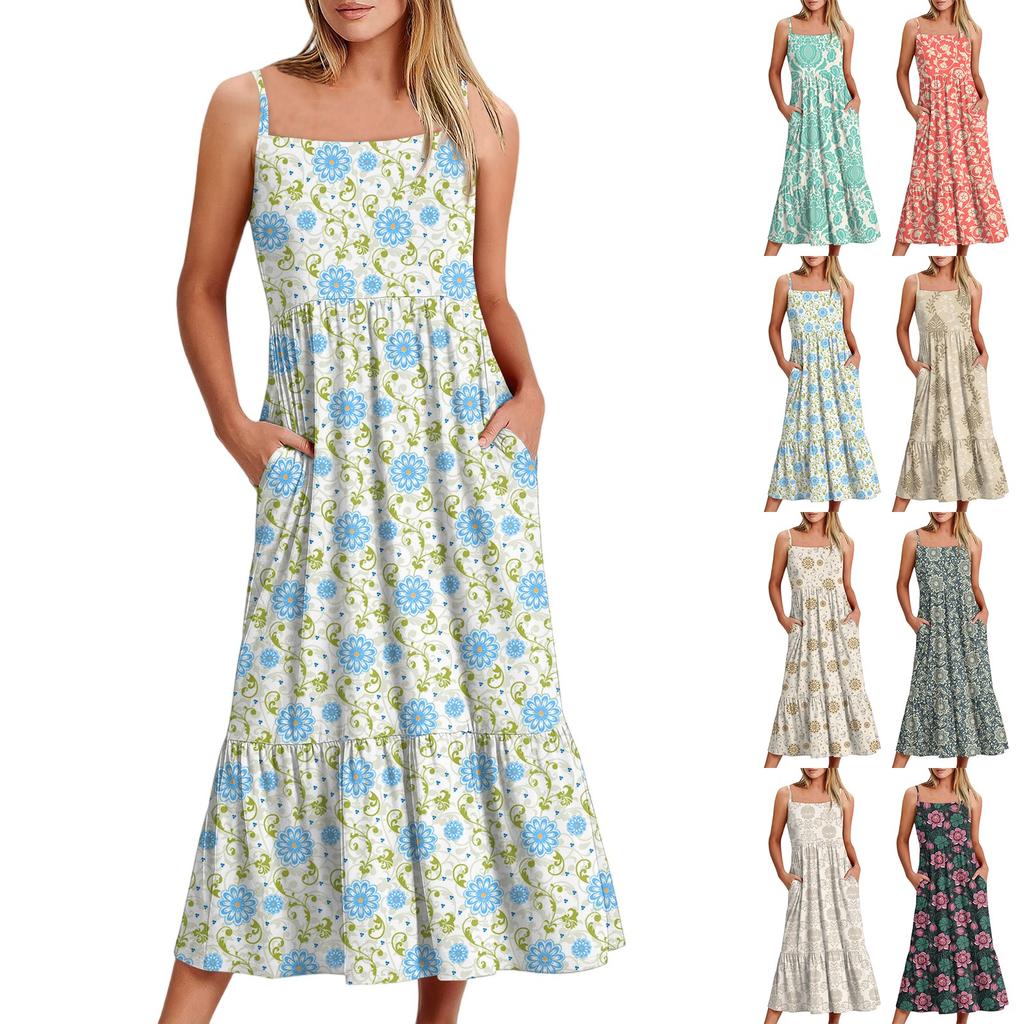 Kvinners Lang Strand Casual Elegant Spaghettistropp Maxi Kjole Søm Lavmælt Flytende Bohemsk Kjole
