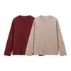 2024 Autumn Women's Wine Red Round Neck Brushed Long Sleeve Top - European & American Fashion Style