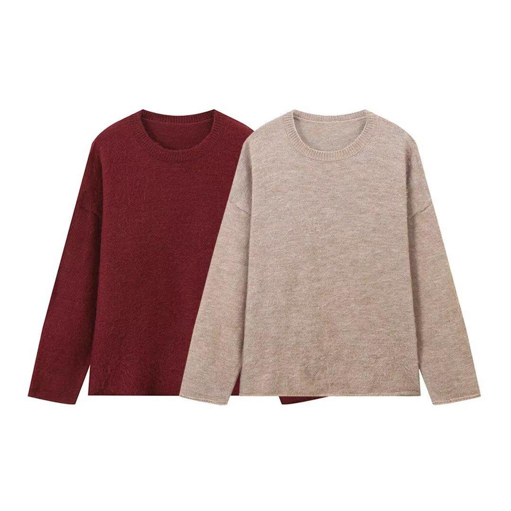 2024 Autumn Women's Wine Red Round Neck Brushed Long Sleeve Top - European & American Fashion Style