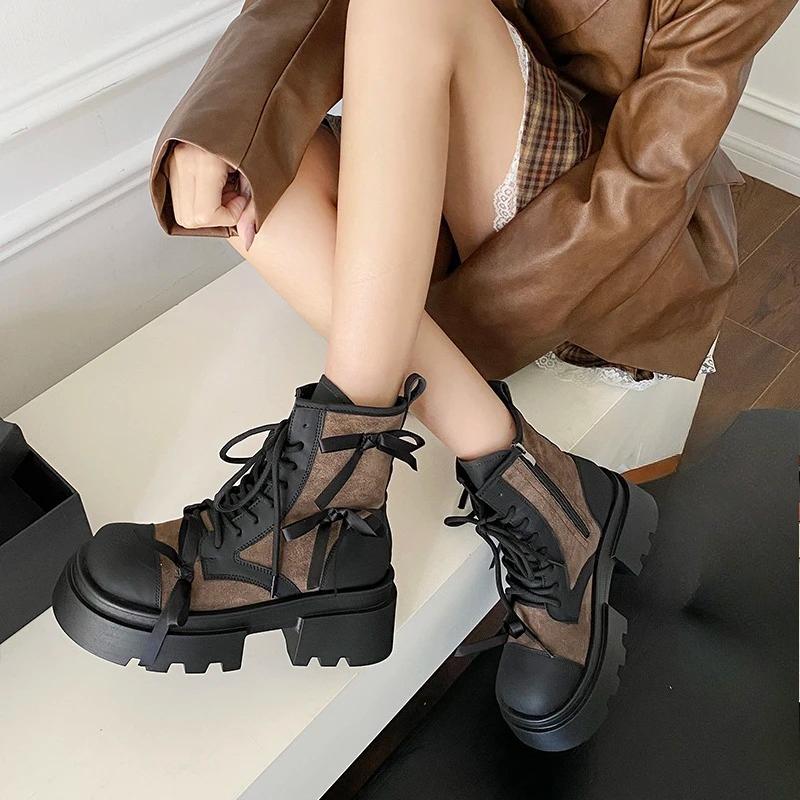 Fashion Platform Fashion Boots Women's New Autumn Casual Versatile Bow Side Zipper Color Block Short Thigh Big Toe Boots