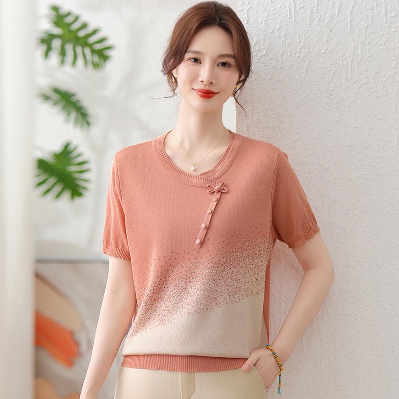 

Summer Short-Sleeved Loose Round Neck Top for Middle-aged and Elderly Women L (80-100 jin) рожевий/помаранчевий