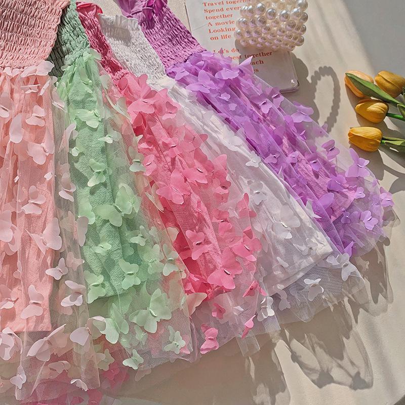 3D Butterfly Mesh Puff Sleeve Girls' Dress - 2025 Summer Smocked Waist Baby Princess Style