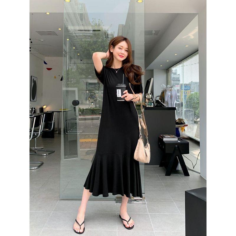 

Модальное платье с коротким рукавом Летнее Новое поступление Повседневное Свободное Темпераментное Стройнящее Длинное Драпированное с круглым вырезом Платье-русалка Женское Black S