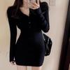 Elegant Black Long-Sleeve Slip Dress: Slim-Fit, Bodycon, Perfect for Spring and Autumn