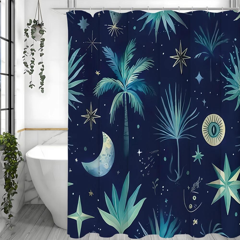 Mond Botanischer Nachthimmel Duschvorhang, Badezimmer Dekorativer Duschvorhang, Wasserdichter Duschvorhang mit Haken