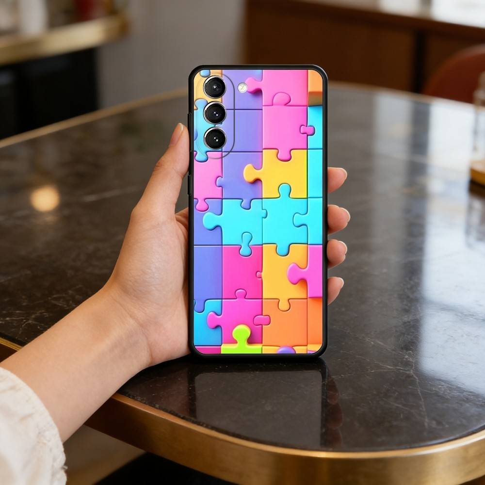 Autism Support Puzzle Pattern Phone Case For Samsung S25,24,23,22,30,21,10,9,Ultra,Plus,Lite,FE,4,5 G Soft Black Case