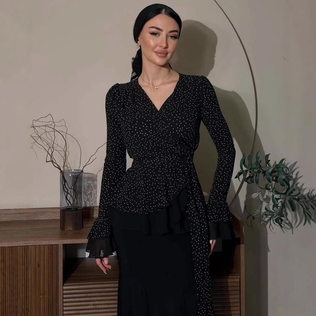 Cross-border European and American Women's Clothing  Amazon Sexy V-neck Light Luxury Long-sleeved Temperament Lace-up French Top Skirt