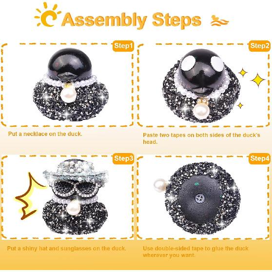 Rhinestones Rubber Duck Car Ornaments, 2Pcs Funny Diamond Ducks Car Dashboard Decorations Duck Accessories with Mini Shiny Cowboy Hat Necklace and