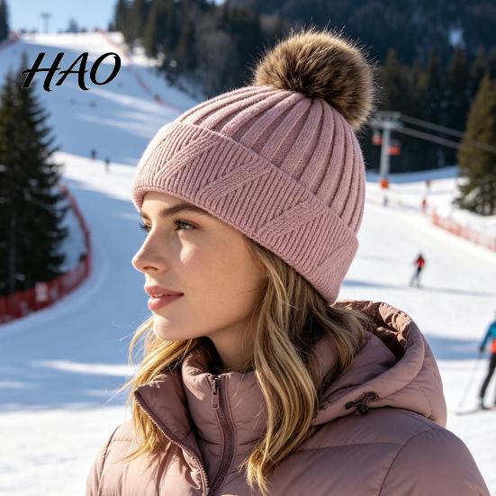 Elastic Slouchy Caps Winter Knitted Hat for Women, Cold Weather Fleece Lined with Pom Stylish Accessories Women Pom, Chunky Snow Hat, Soft Ribbed Knit