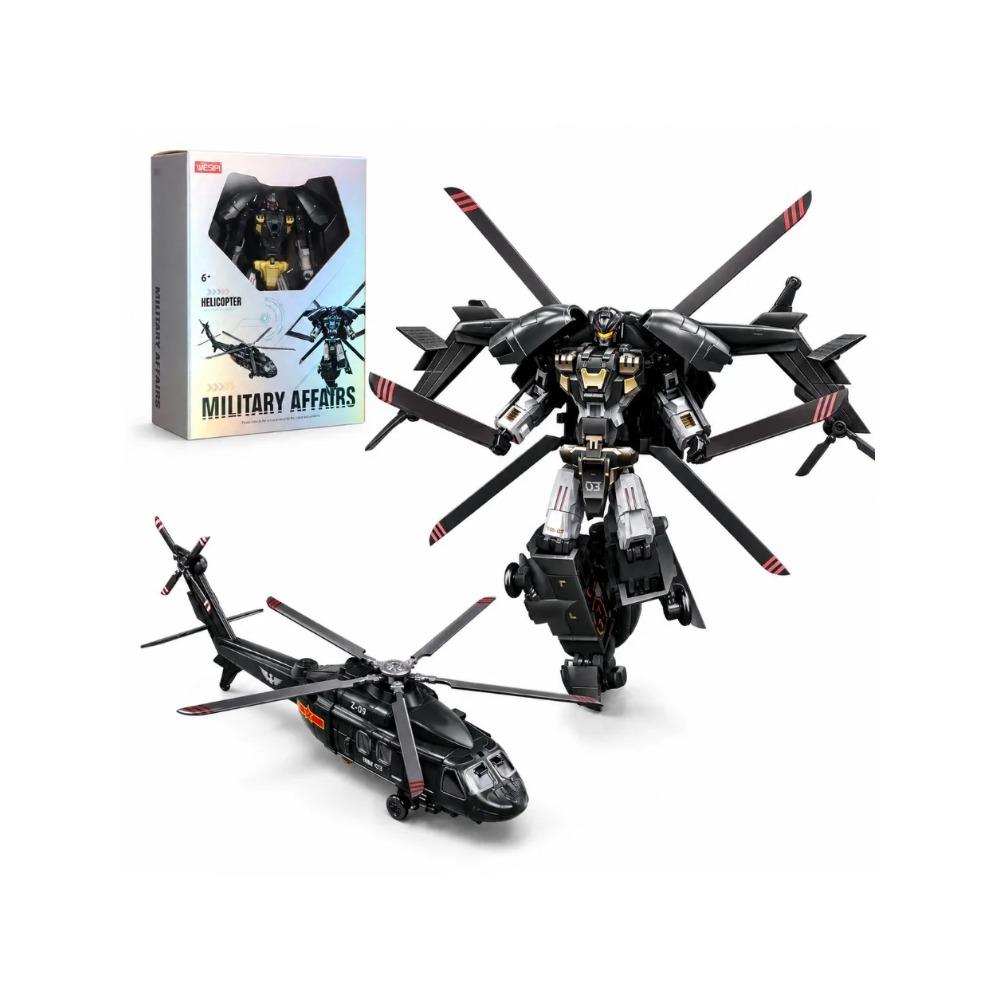 Black Helicopter Transforming Robot Toy W991-3 ABS Alloy Military Mecha Model with Rotor Boxed Collector Display English Version