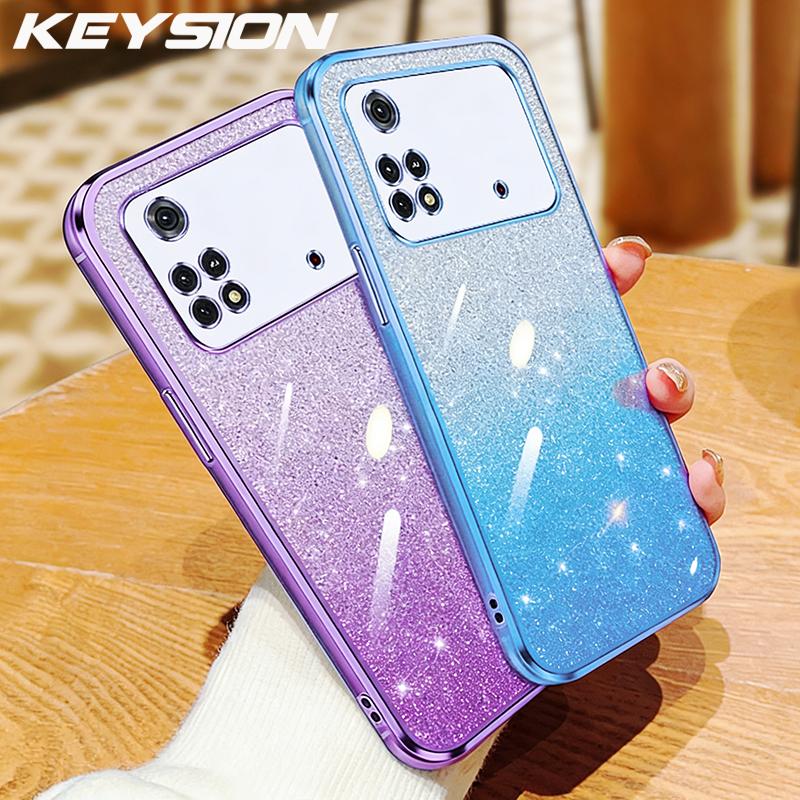 KEYSION Luxury Plating Glitter Phone Case for Xiaomi POCO M4 Pro 4G 5G Transparent Soft TPU Shockproof Back Cover for POCO M4 Pro 5G
