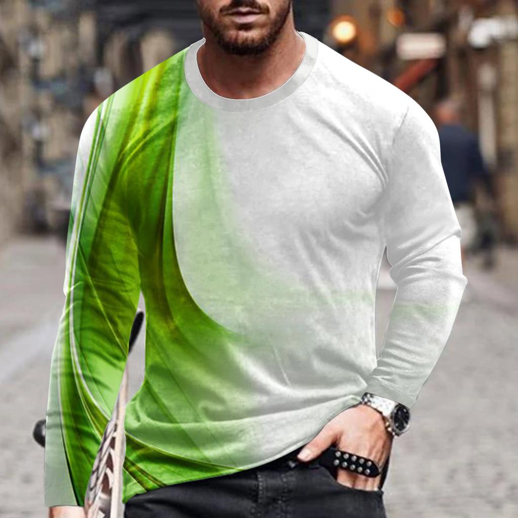 Spring and Autumn Round Neck 3D Line Printed Top Fashionable Casual Simple Long Sleeved Men's T-shirts