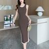 Korean Contrasting Colors Midi Dress Women's Slim Stylish Splice Summer Sleeveless Elegant Split Basic Knitted Sundress